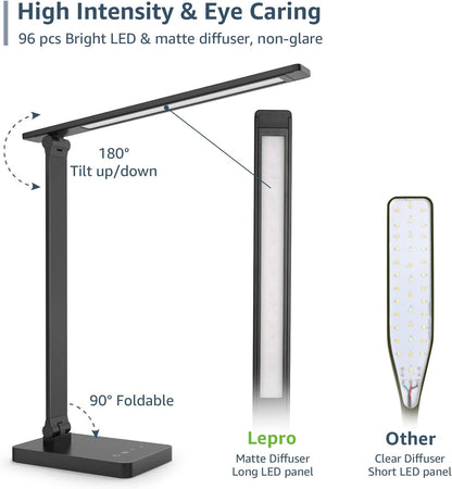 Lepro Desk Lamp LED with USB Charging Port, Dimmable Table Lamp Home Office Reading Touch Control, 3 Color Modes, 5 Brightness Level, College Dorm Room Essentials, Eye Caring, Sewing, Crafting, Black
