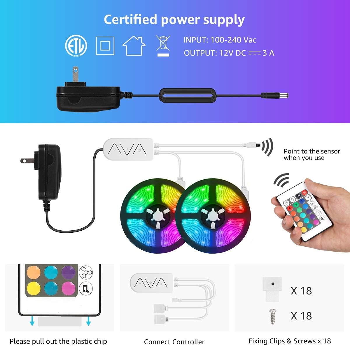Lepro LED Strip Lights Kit, 16.4ft RGB LED Light Strips, Color Changing Light Strip with Remote Control, 12V Power Supply for Kitchen, Bedroom, and More, Non Waterproof