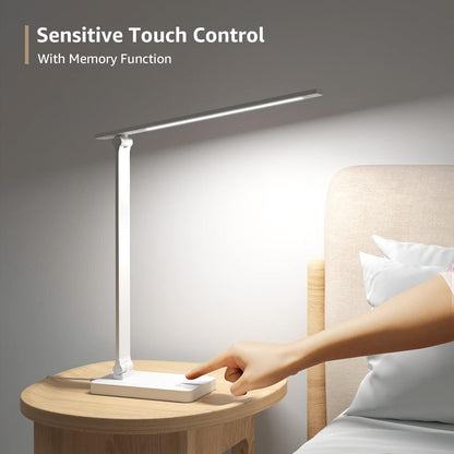 Lepro Desk Lamp LED with USB Charging Port, Dimmable Table Lamp Eye Caring Home Office Reading Touch Control, 3 Color Modes, 5 Brightness Level, College Dorm Room Essentials, Sewing, Crafting, White