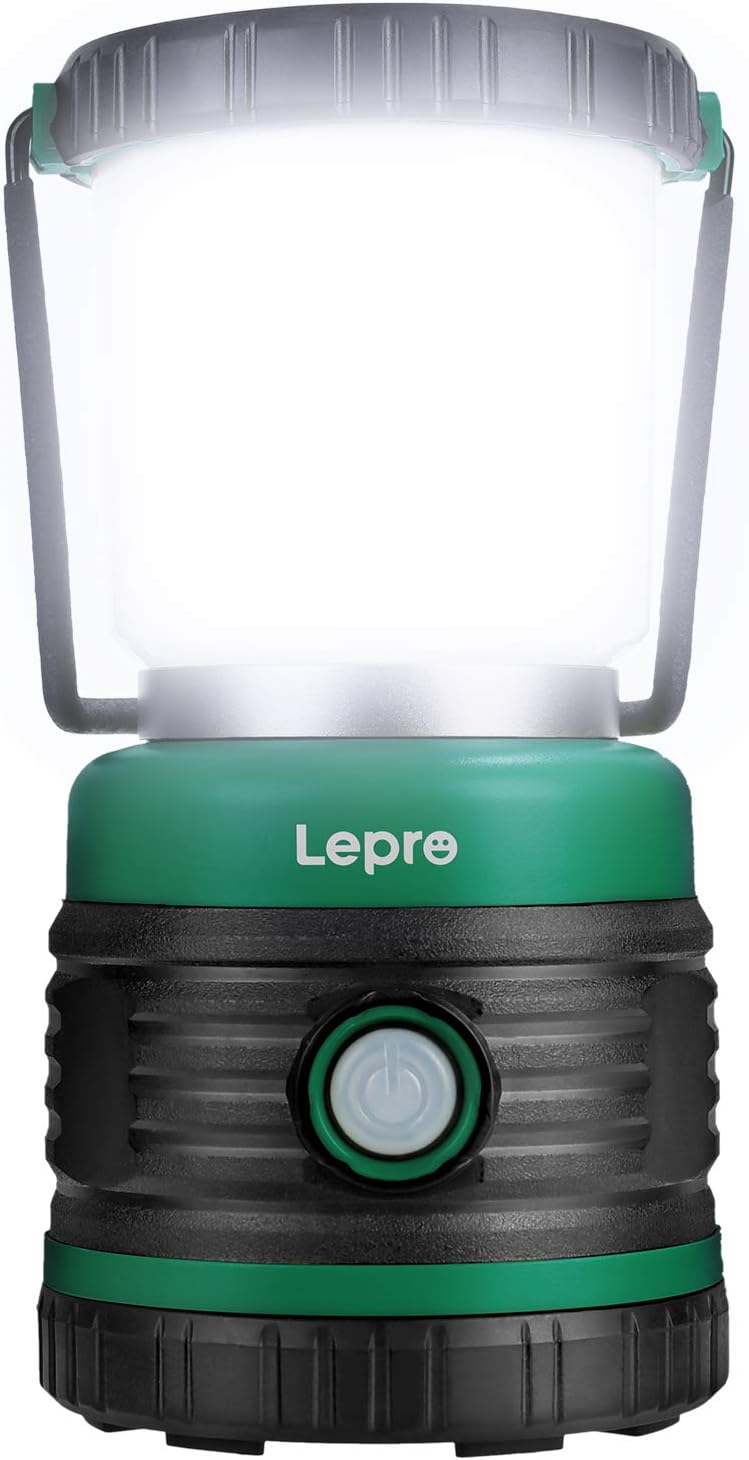 Lepro 1500lm camping lantern with four light modes, waterproof outdoor lighting, powered by 3 D batteries, for hiking and emergencies.