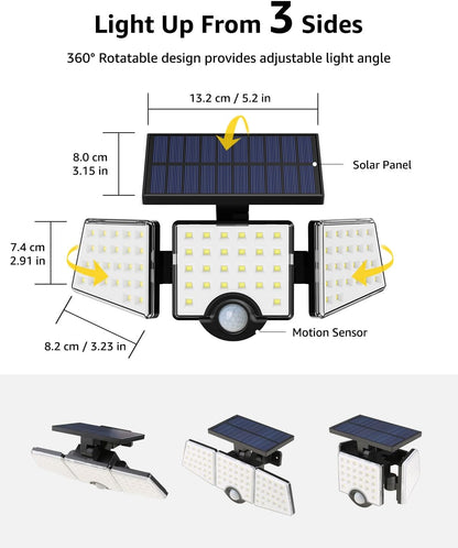 LE Solar Lights Outdoor, 12W 1000LM Motion Sensor Lights with 3 Adjustable Heads, 72 LED Security Flood Lights IP65 Waterproof for Garage Yard Door, Cold White 2 Pack