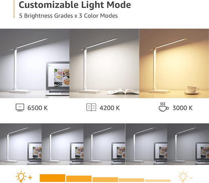 Lepro Desk Lamp LED with USB Charging Port, Dimmable Table Lamp Eye Caring Home Office Reading Touch Control, 3 Color Modes, 5 Brightness Level, College Dorm Room Essentials, Sewing, Crafting, White