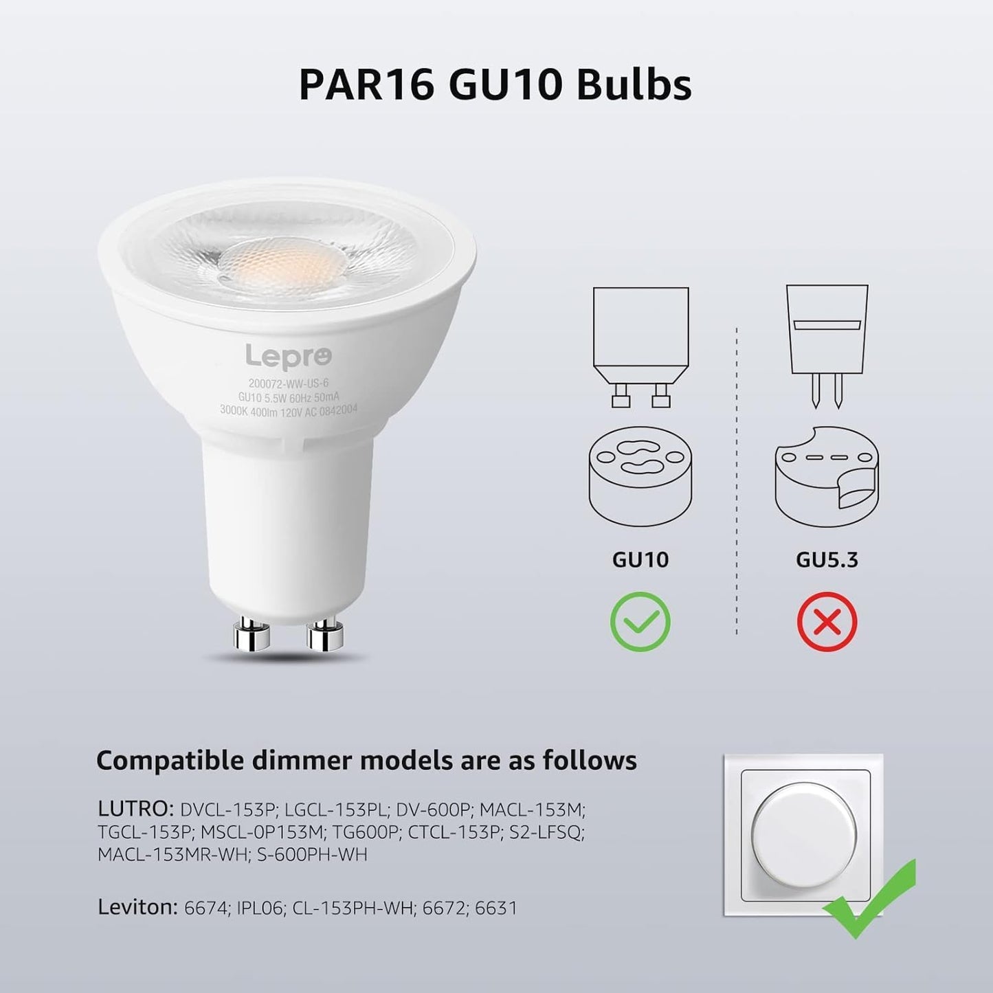 Lepro GU10 LED Bulbs, 5.5W Dimmable LED GU10 Bulb 50W Halogen Bulbs Equivalent, 400lm PAR16 LED Spotlight Bulb, 3000K Warm White, 6 Packs