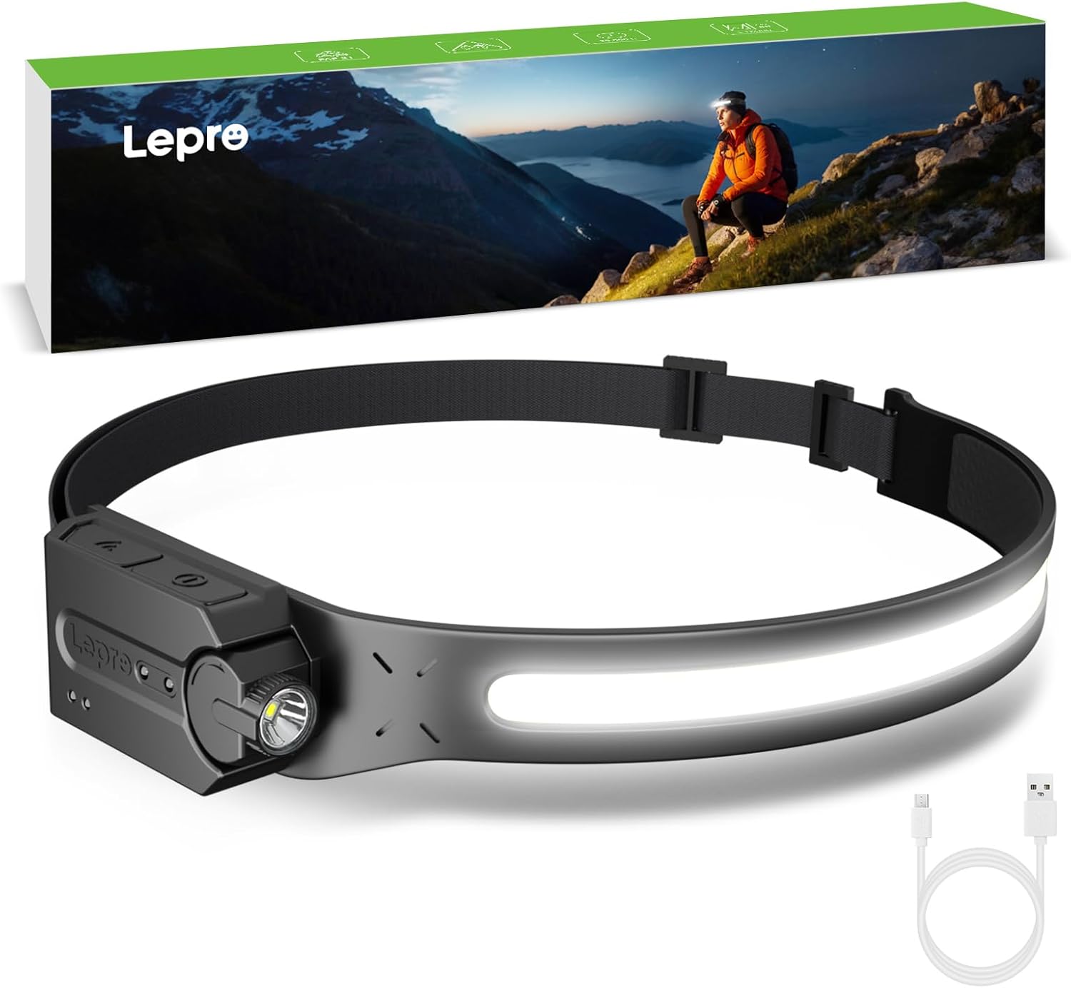 Lepro rechargeable outdoor headlamp with adjustable strap, bright LED beam, and motion sensor, suitable for camping and outdoor activities