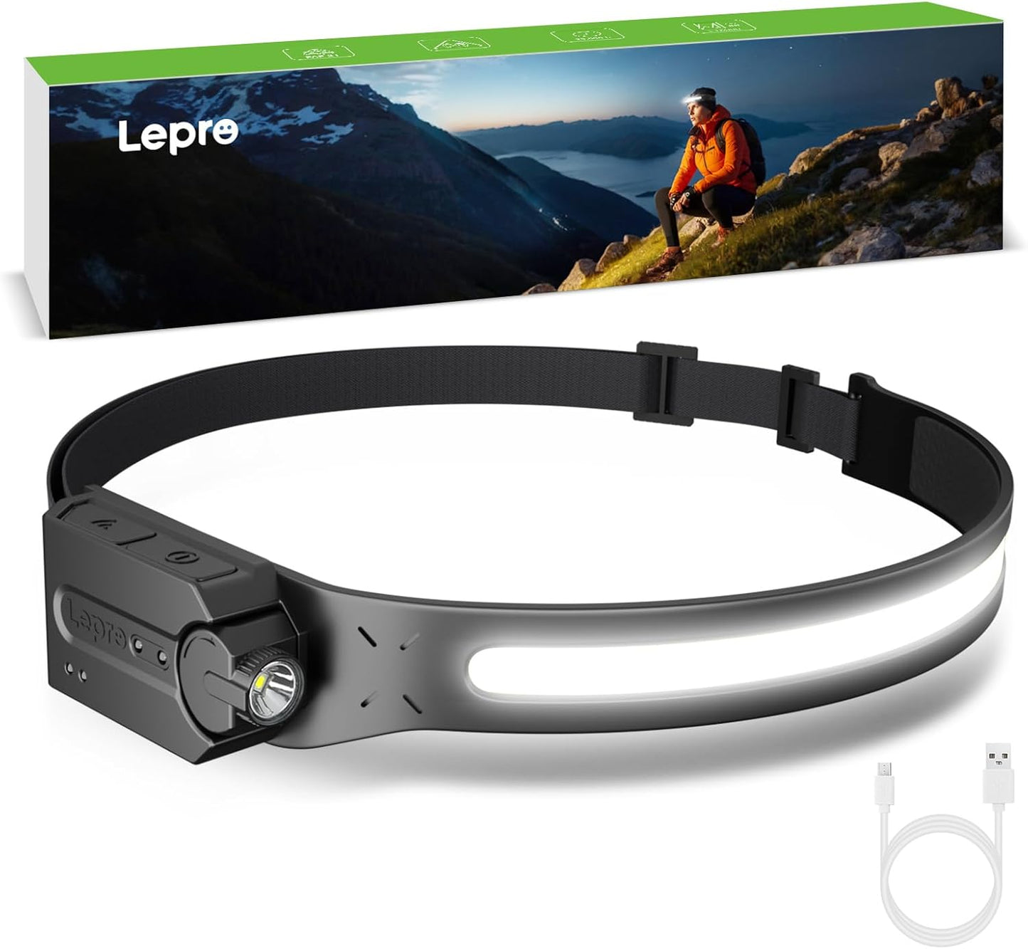 Lepro Rechargeable Headlamp, Super Bright Motion Sensor LED Head Lamp with 5 Light Modes, 230¡ã Wide Beam USB C Lampe Frontale, IP44 Waterproof Headlight for Camping, Running, Fishing, Hardhat