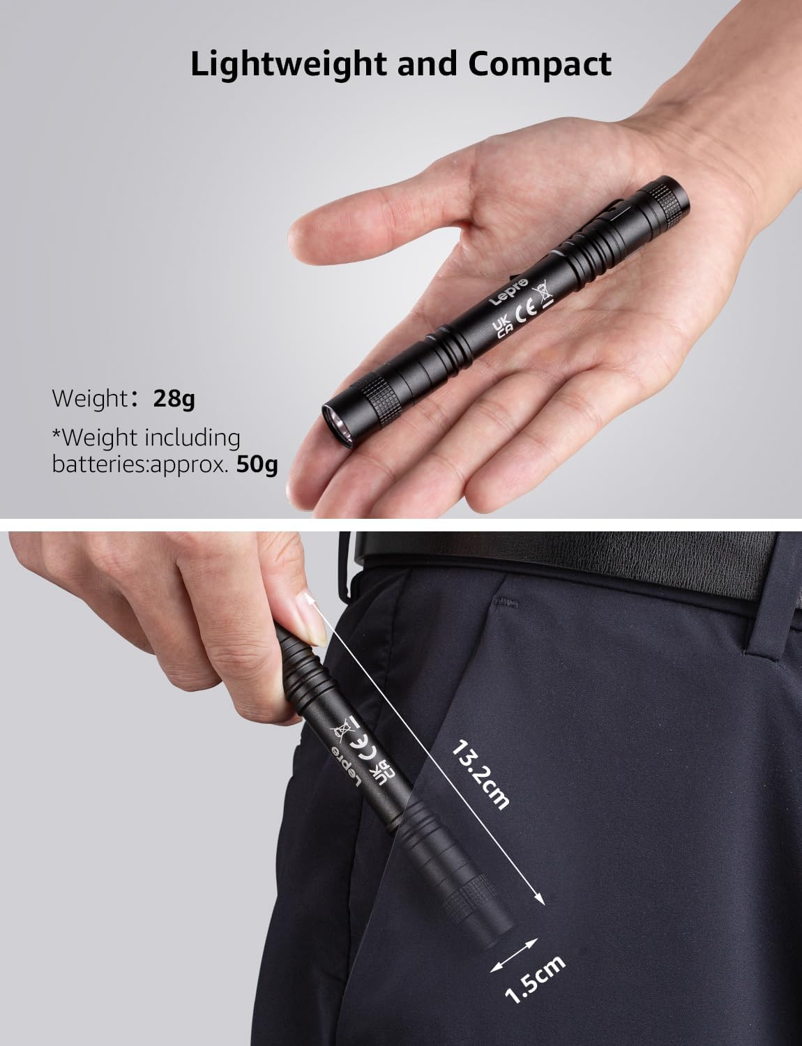Lepro UV LED flashlight pen with 365nm UV light for detecting pet stains, bed bugs, and urine on surfaces.