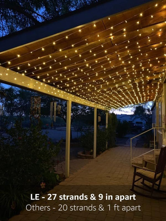 Lepro LE 594 LED curtain fairy string lights in warm white, 19.7 x 9.8 ft, with 8 lighting modes for indoor and outdoor decor.