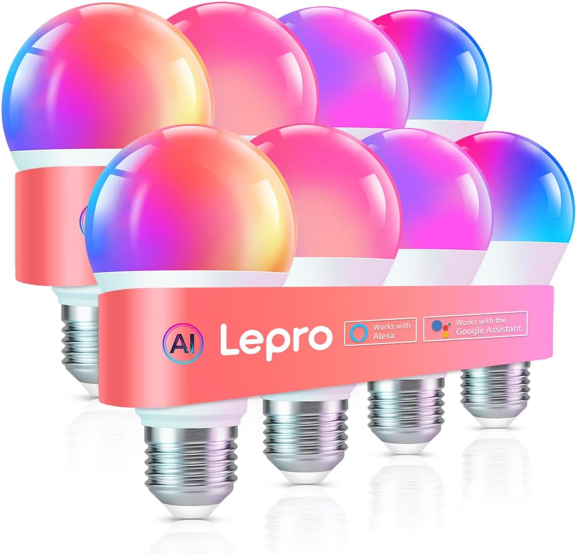 B1 AI Smart Bulb, Color Changing Light Bulbs, Work with Alexa and Google Assistant, WiFi & Bluetooth LED Light Bulb, Music Sync, Via Lepro App, RGBWW Dimmable LLM, A19 E26 800 Lumen, 8 Packs