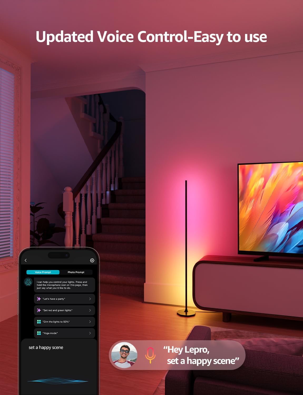 Lepro OE1 AI Floor Lamps, Smart Corner Floor Lamp Alexa Google Compatible, Color Changing Led Standing Lamp, Music Sync, DIY Modes, 1000LM, Modern Stand Light for Living Room, Bedroom, 2.4G WiFi Only