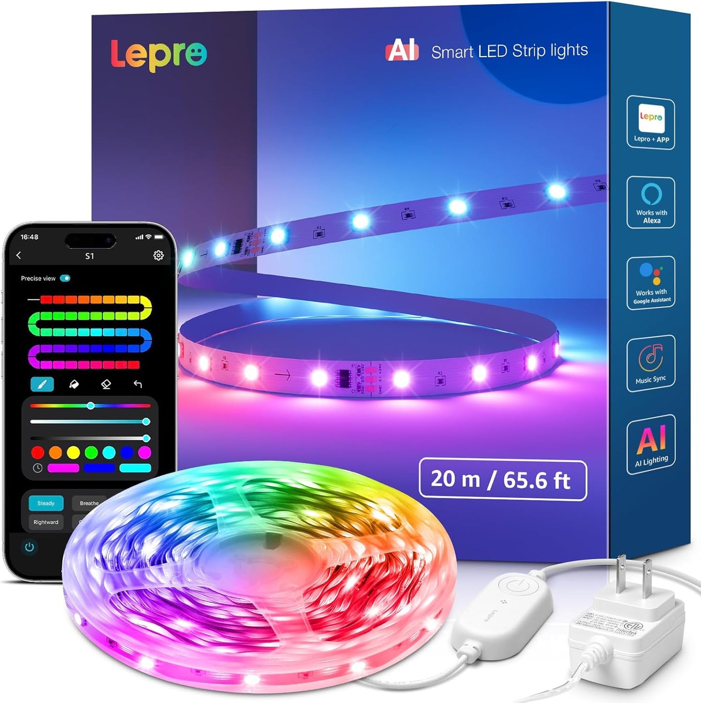 Lepro S1 AI LED strip lights, 65.6ft WiFi RGBIC smart LED lights for bedroom with music sync, compatible with Alexa and Google.