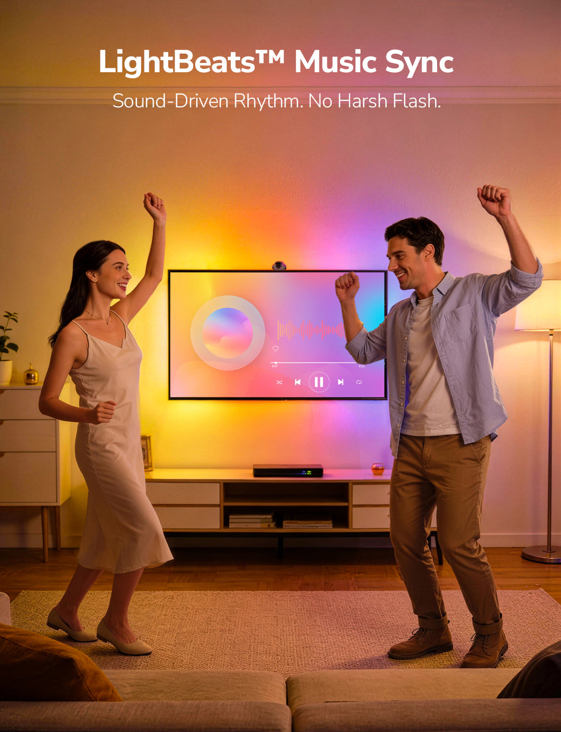 Lepro STV1 AI Smart TV LED backlight strip with WiFi control, fish-eye correction, voice and app control for indoor TV lighting.