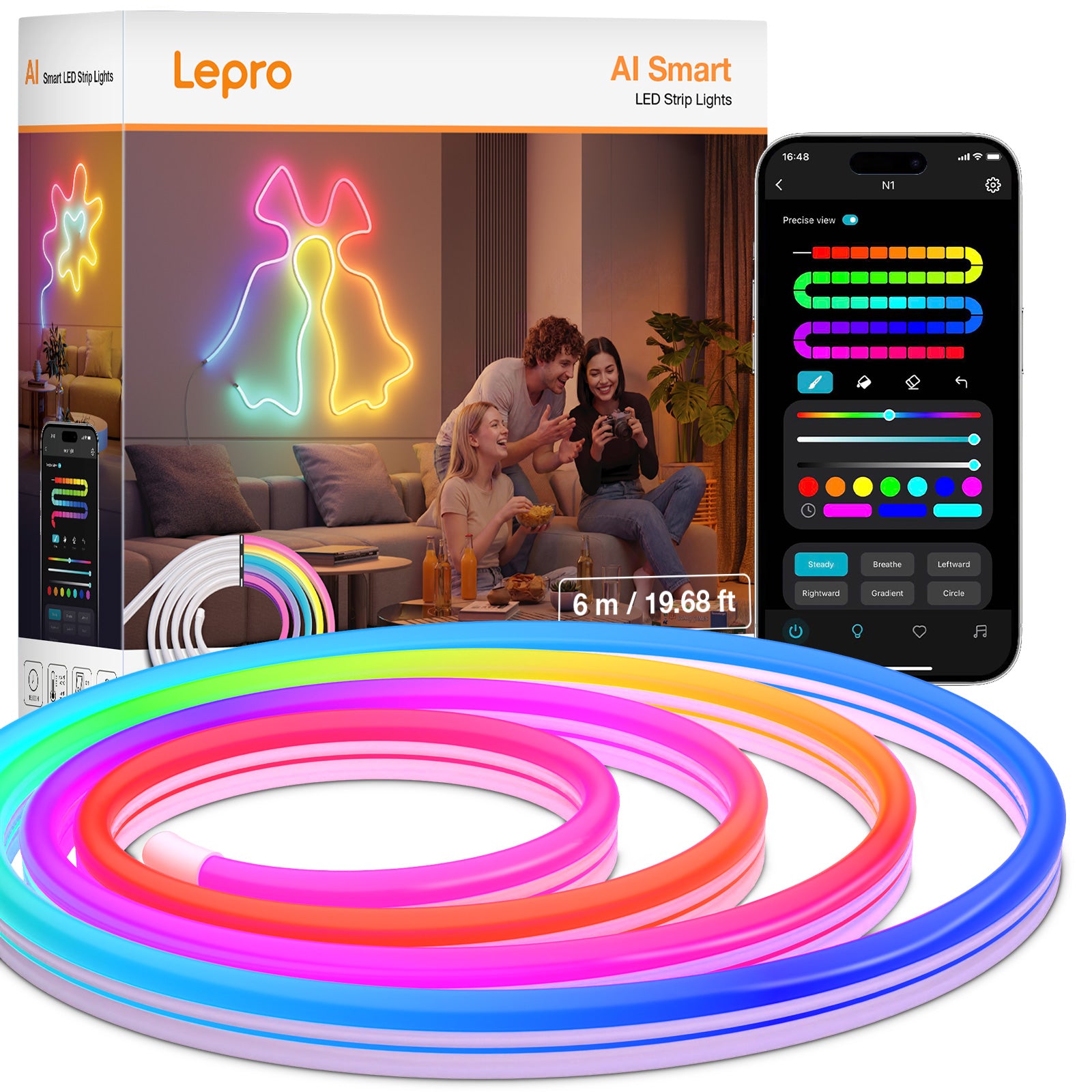 Lepro AI LED Neon Lights N1 RGBIC outdoor waterproof LED strip lights, 6m, with music sync for bedroom and indoor use