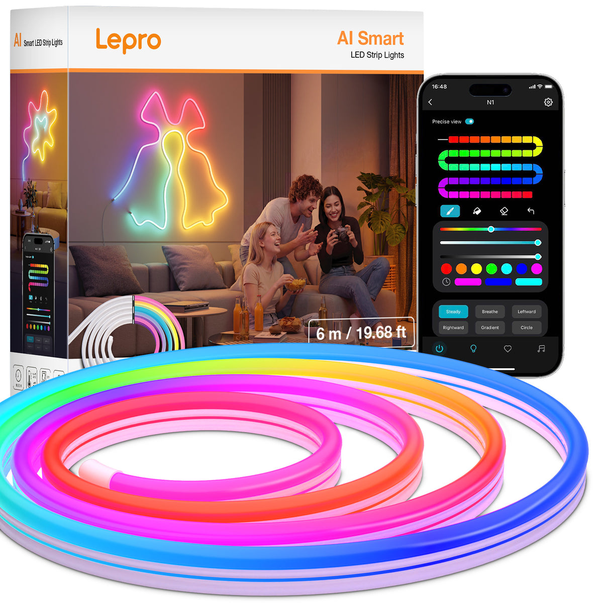 Lepro AI LED Neon Lights N1 RGBIC outdoor waterproof LED strip lights, 6m, with music sync for bedroom and indoor use