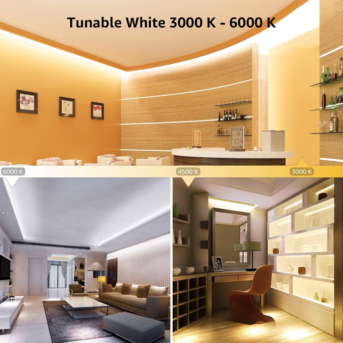 32.8ft 3000K-6000K Tunable White LED Strip Lights, Dimmable Super Bright LED Tape Lights with 600 SMD 2835 LEDs for Living Room, Kitchen, Bedroom, Dining Room