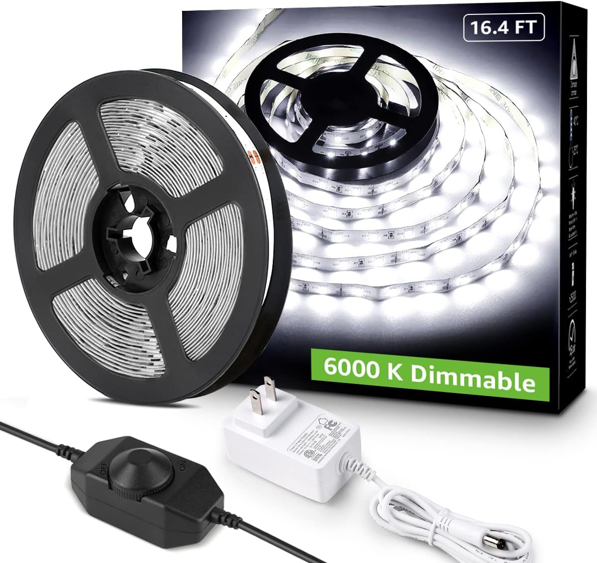 16.4ft 12V Dimmable LED Strip Lights, 6000K Daylight White, 300 Units 2835SMD LEDTape Light for Home, Kitchen, Bedroom, Car and More, Non Waterproof, Power Adapter Included