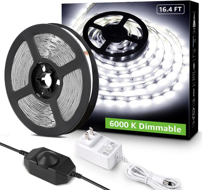 16.4ft 12V Dimmable LED Strip Lights, 6000K Daylight White, 300 Units 2835SMD LEDTape Light for Home, Kitchen, Bedroom, Car and More, Non Waterproof, Power Adapter Included