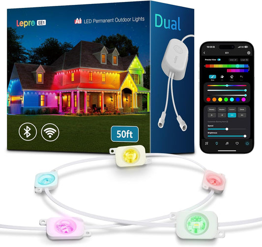 Lepro EE1 AI Permanent Outdoor Lights APP Control, 50ft 30 RGB+IC LED & Dual Output, Works with Alexa & Google, Waterproof Eave Light for Christmas, Halloween, House Decor, 2.4GHz WiFi/Bluetooth