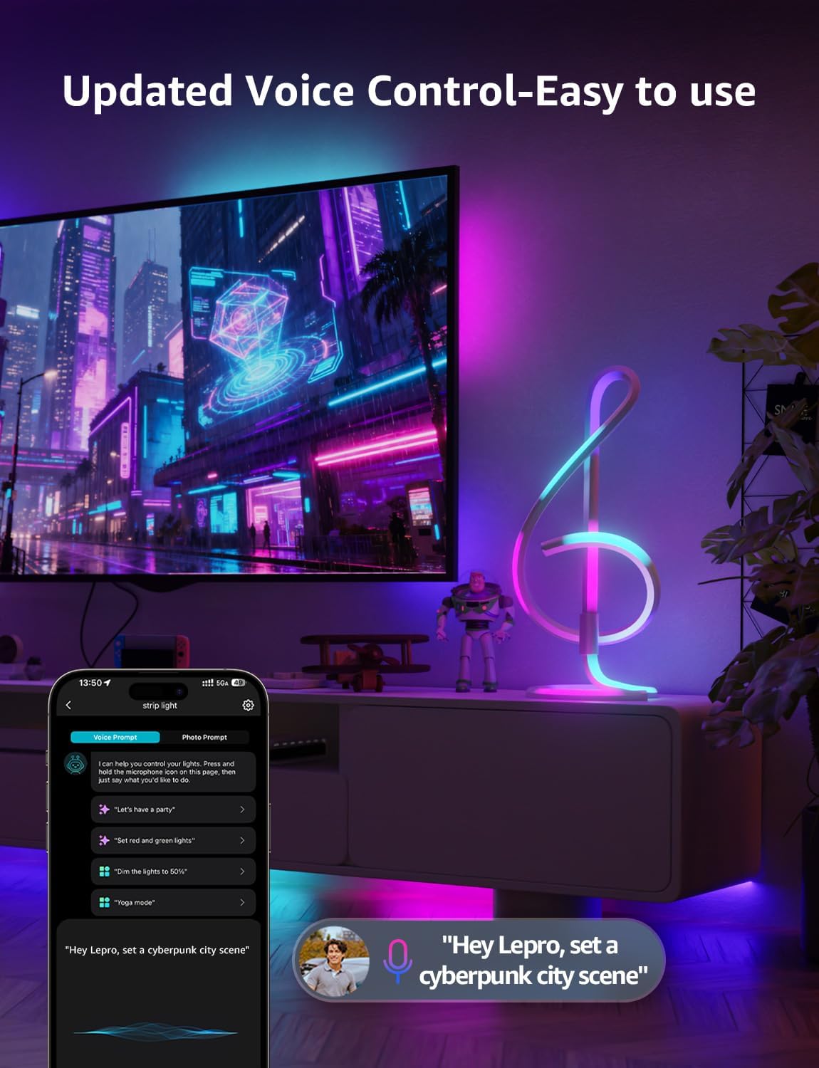 Lepro TB2 AI Smart Table Lamp, RGB Plus IC Addressable LED Lamp Alexa Google Compatible, LightBeats Music Sync, AI Generated Lighting LLM, Modern Spiral Lamp Color Changing, 2.4 GHz WiFi/Bluetooth