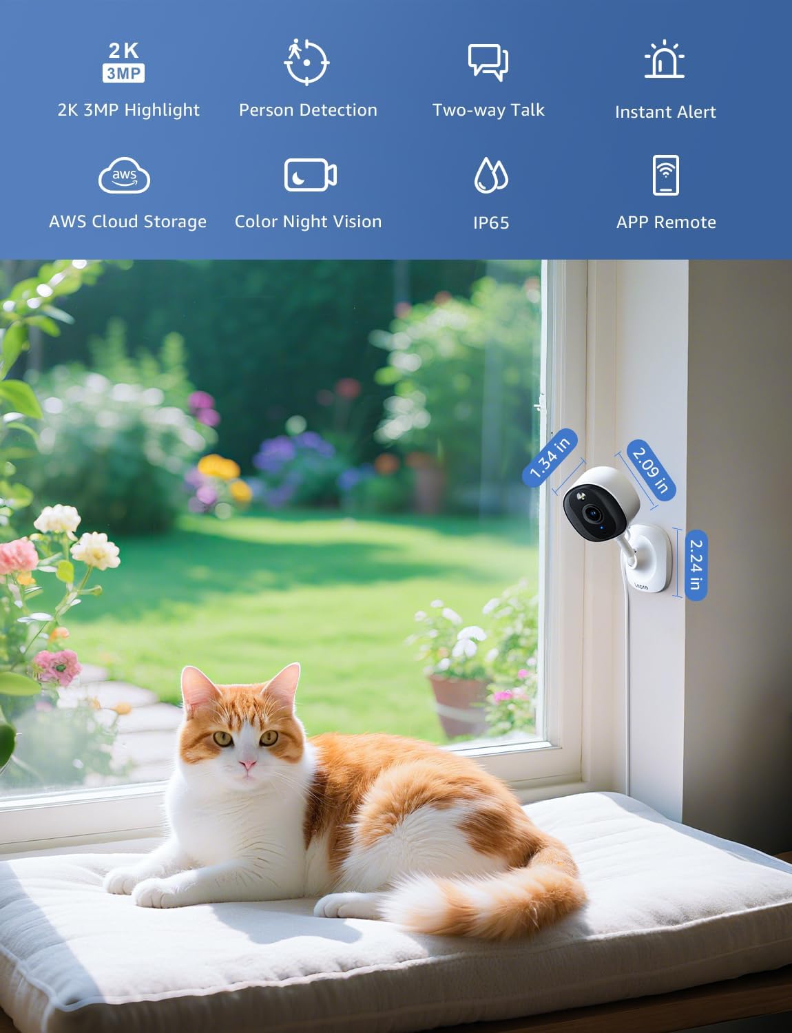 Lepro 2K security camera showing full-color night vision, outdoor/indoor use, with lens and sensor, mounted for home security.
