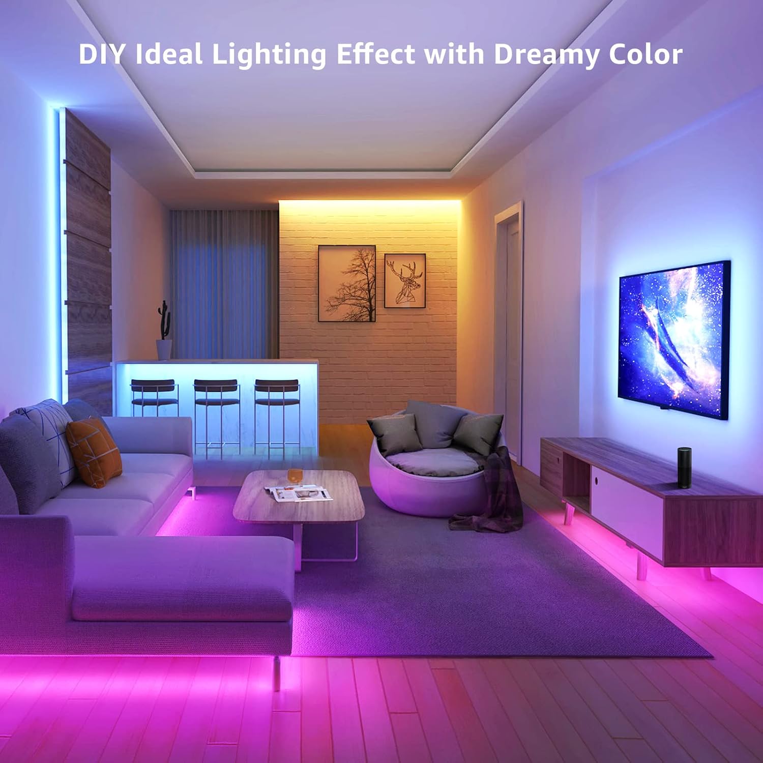 Lepro 32.8ft RGB LED light strip with 16 million colors, music sync, smart app control, for bedroom, home, TV, and parties.