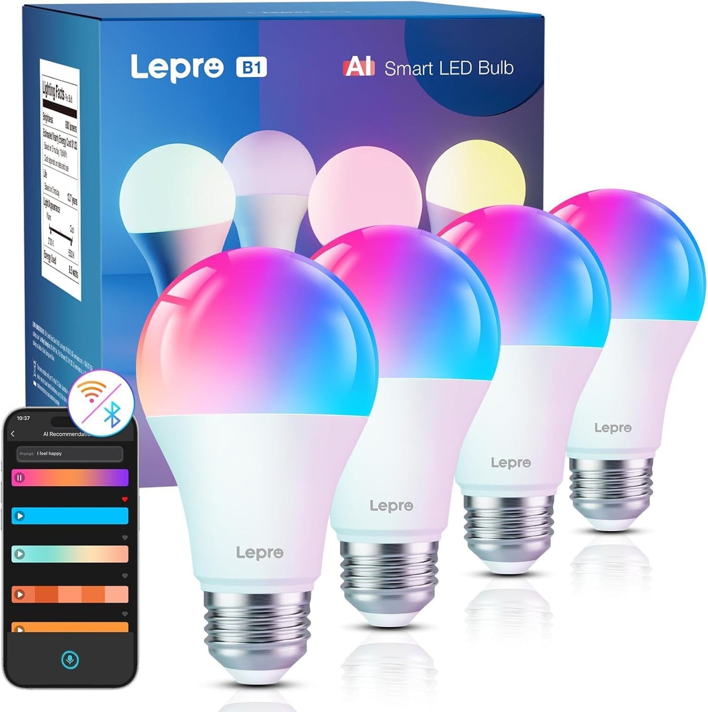 Lepro B1 Smart Bulb, Bluetooth Color Changing Light Bulb, AI Mood Recognition, Music Sync, Thousands Dynamic Scenes, RGBWW Color LED Bulbs, A19 8.5W 800 Lumens, Voice Control Via Lepro+ App, 4 Packs