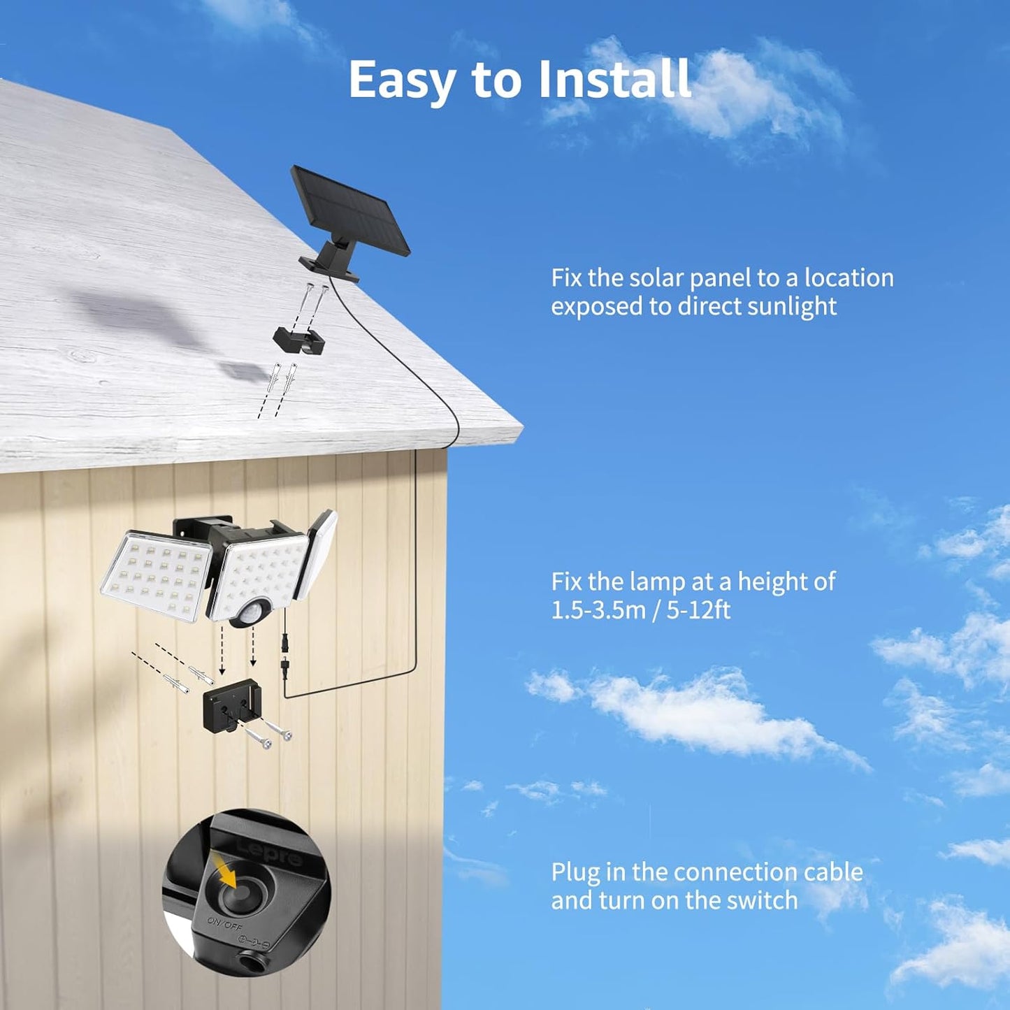 Lepro Solar Motion Sensor Light Outdoor, 72 LED 1000lm Solar Flood Light Separate Solar Panel 3 Adjustable Heads 270¡ã Wide Lighting Angle 6500K Daylight White Auto ON/OFF IP65 Waterproof Security Wall Lights for Porch Yard Garage Pathway, 2 Packs