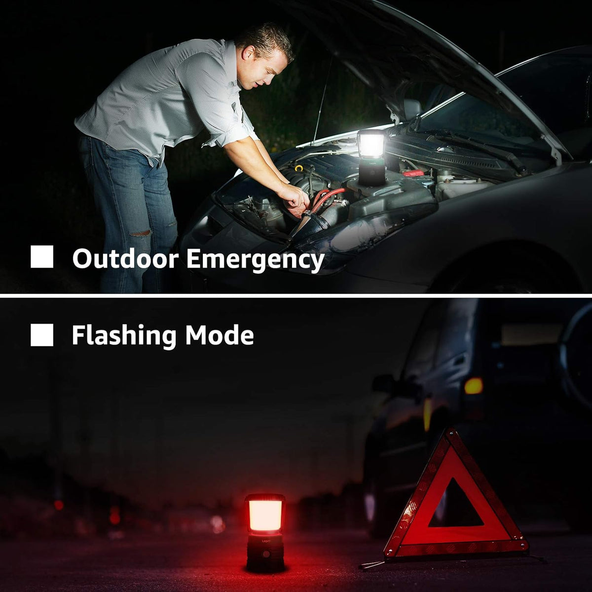 Lepro 1500lm outdoor camping lantern showing bright light modes, waterproof design, and compact shape for hiking and emergencies