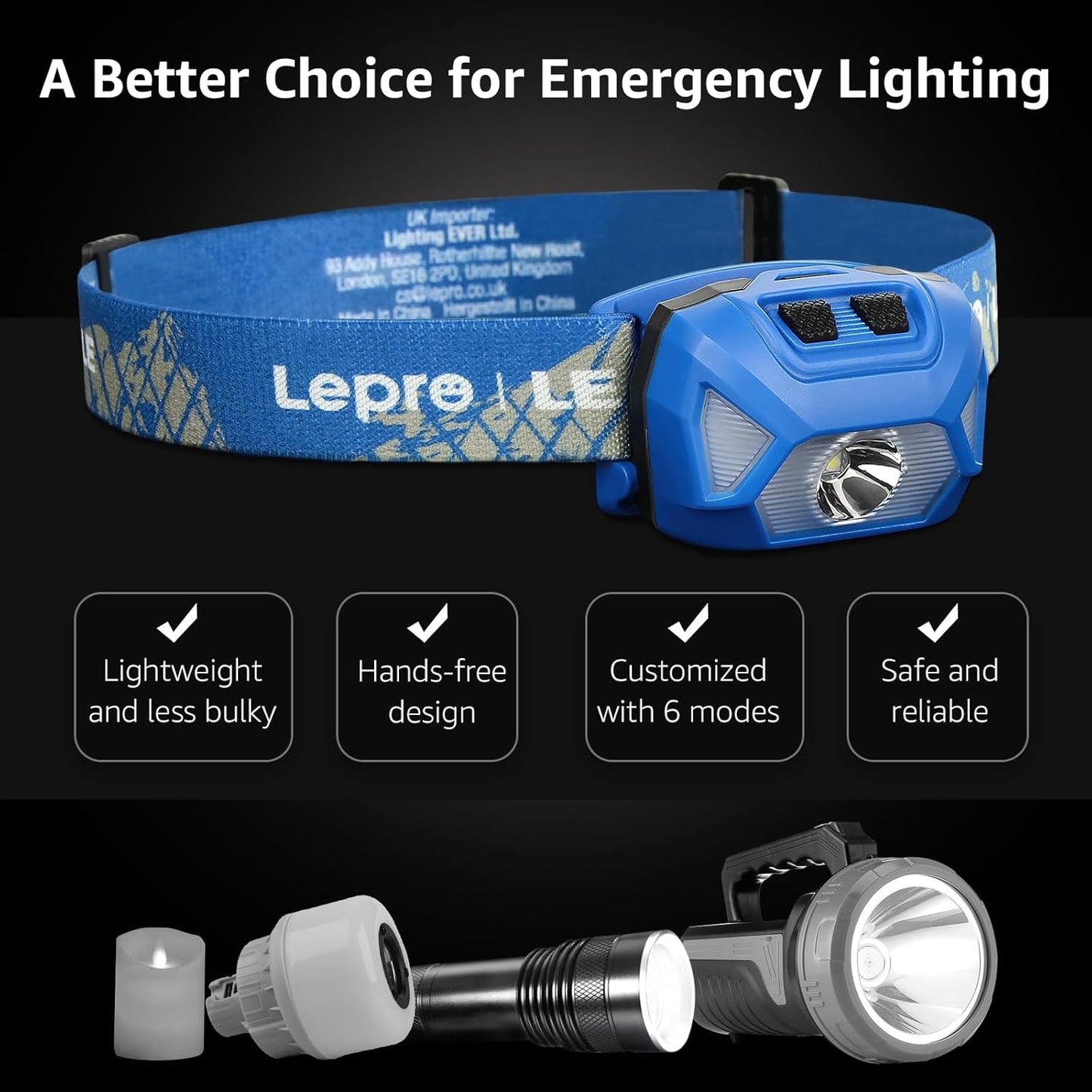 Lepro Headlamp 2-Pack, 1300 Lux Ultra-Light Bright LED Headlights with White Red Light, 6 Modes Battery-Operated Lightweight Waterproof Head Flashlight for Camping Running Cycling Emergency-Blue