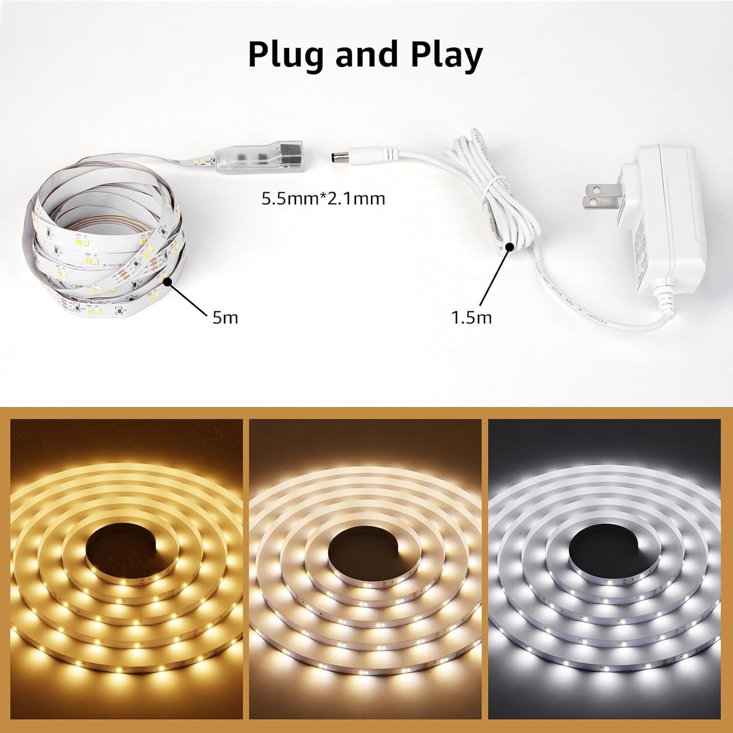 16.4ft Dimmable LED Strip Lights, 3000-6000K Tunable White,300 LEDs SMD 2835 LED Tape Light for Bedroom Home Kitchen, Non-Waterproof