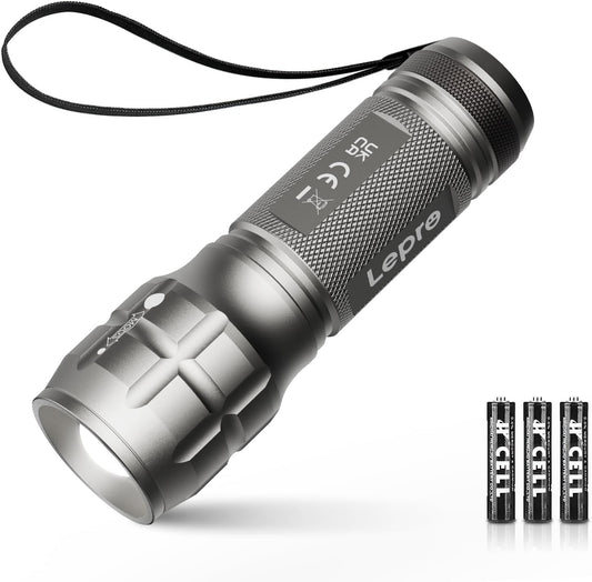 Lighting EVER LED Flashlights High Lumens, Small Flashlight, Zoomable, Waterproof, Adjustable Brightness Flash Light for Outdoor, Emergency, Camping, AAA Batteries Included, Grey, 2 Pack