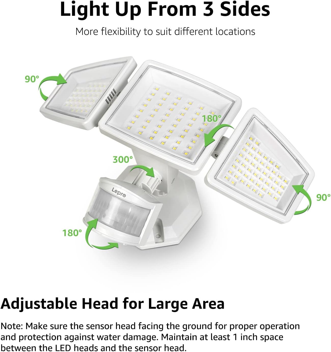Lepro LED security flood lights with 3 adjustable heads, 270° wide angle, waterproof outdoor motion sensor lighting in white
