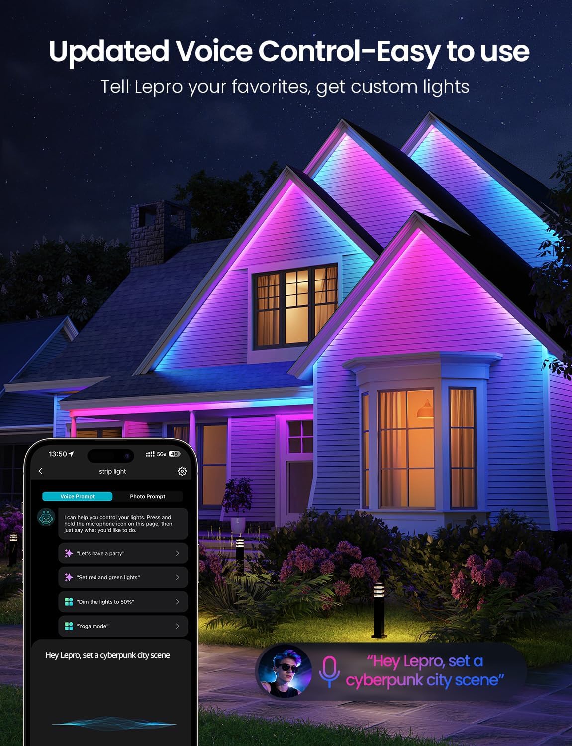 Lepro SW1 AI RGBICW Outdoor LED Strip Lights, Waterproof LED Lights, Work with Alexa and Google Assistant, Personalized AI Lighting Designer, Music Sync Outdoor Lights for Eave, Balcony, Pool