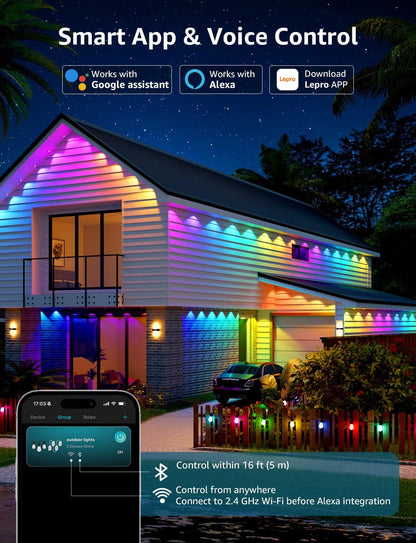 Lepro EE1 AI Permanent Outdoor Lights APP Control, 50ft 30 RGB+IC LED & Dual Output, Works with Alexa & Google, Waterproof Eave Light for Christmas, Halloween, House Decor, 2.4GHz WiFi/Bluetooth