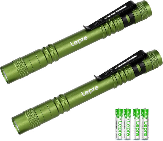 Lepro Pen LED Flashlight, Compact and Ultra Bright XPE LED Tactical Penlight Flashlight, Waterproof Pocket Flash Light, EDC Flashlight with AAA Battery Powered and Clip, 2 Packs Green