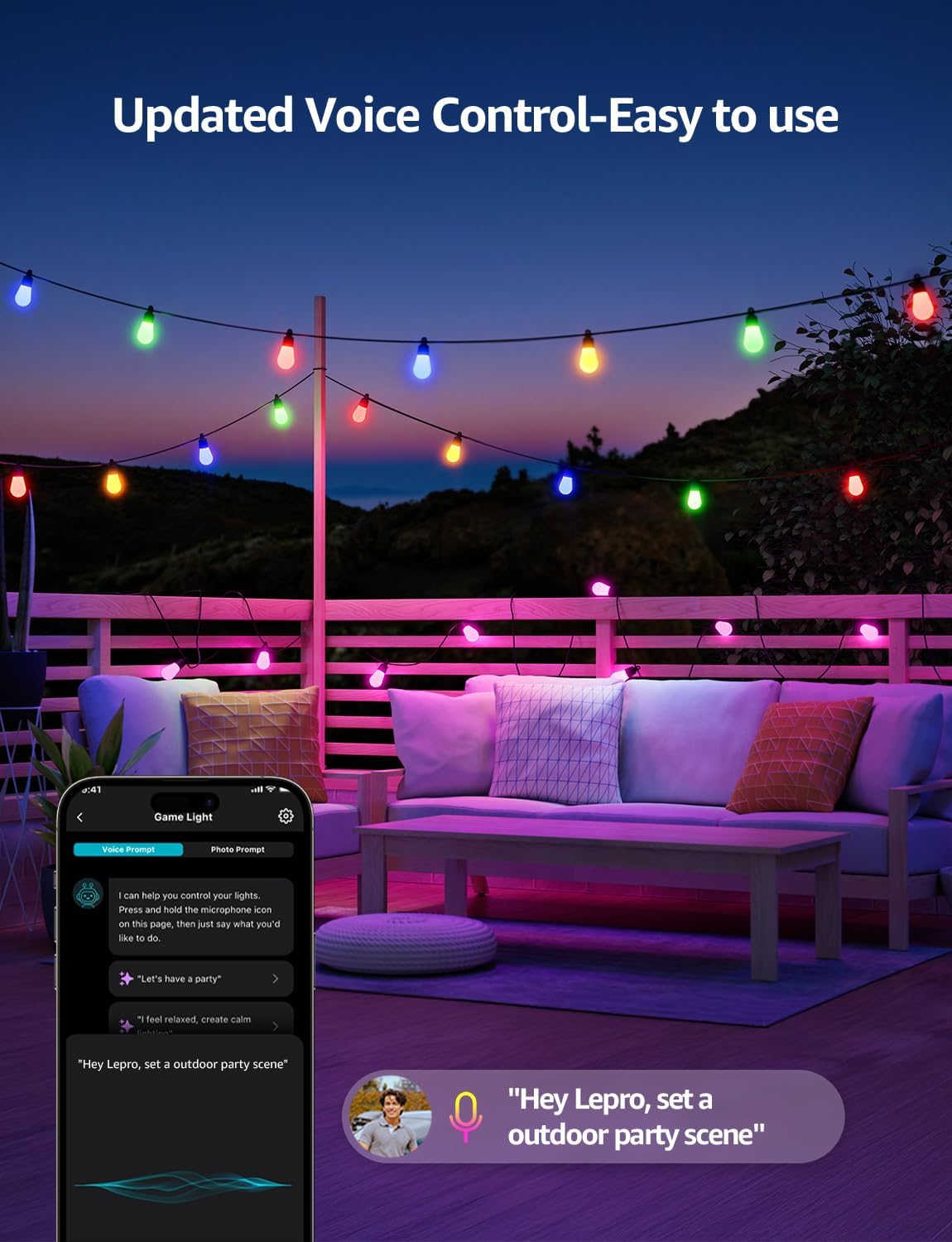 Lepro ZB1 AI Smart String Lights APP Control, 54ft RGB+IC+Warm White Patio Lights 15 LED Bulbs, Alexa Google Enabled Outdoor Lights, AI Generated Lighting LLM, Music Sync, 2.4 GHz WiFi + Bluetooth