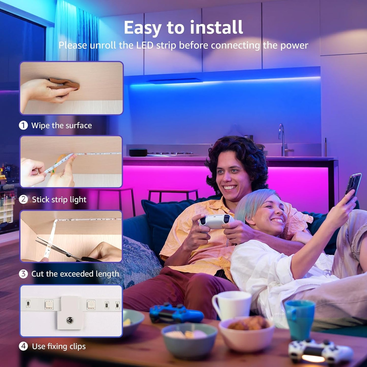 Lepro LED Strip Lights Kit, 50ft Ultra-Long RGB LED Light Strips, Dimmable Color Changing Light Strip with Remote Control, 450 Leds 12V Led Tape Light for Kitchen, Bedroom and More, Non-Waterproof (24.6ft*2)