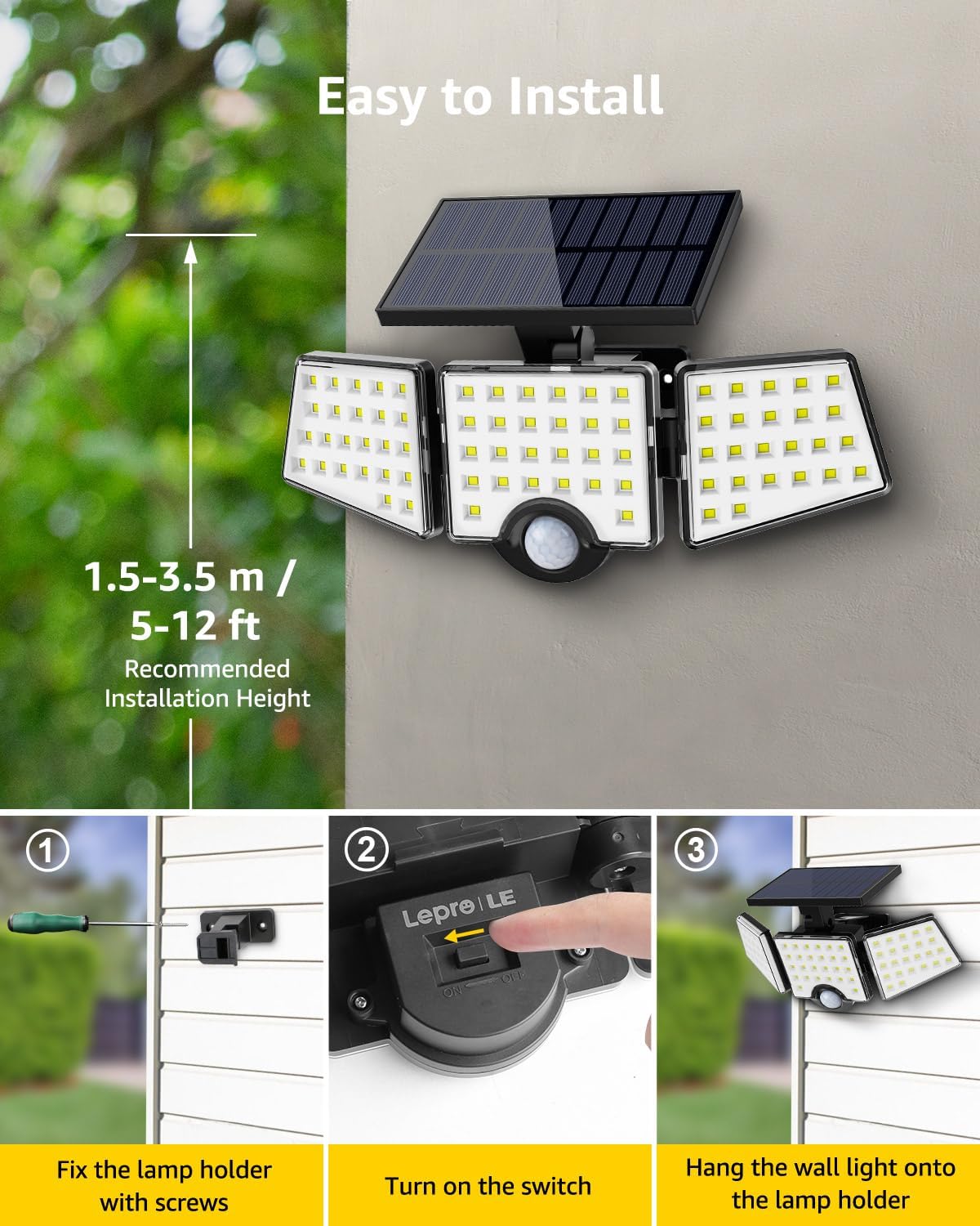 LE Solar Lights Outdoor, 12W 1000LM Motion Sensor Lights with 3 Adjustable Heads, 72 LED Security Flood Lights IP65 Waterproof for Garage Yard Door, Cold White 2 Pack