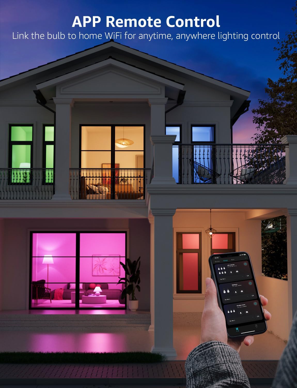 Lepro B2 AI smart light bulbs, 4-pack, RGBWW color changing bulbs with WiFi, Bluetooth, voice control, and music sync.