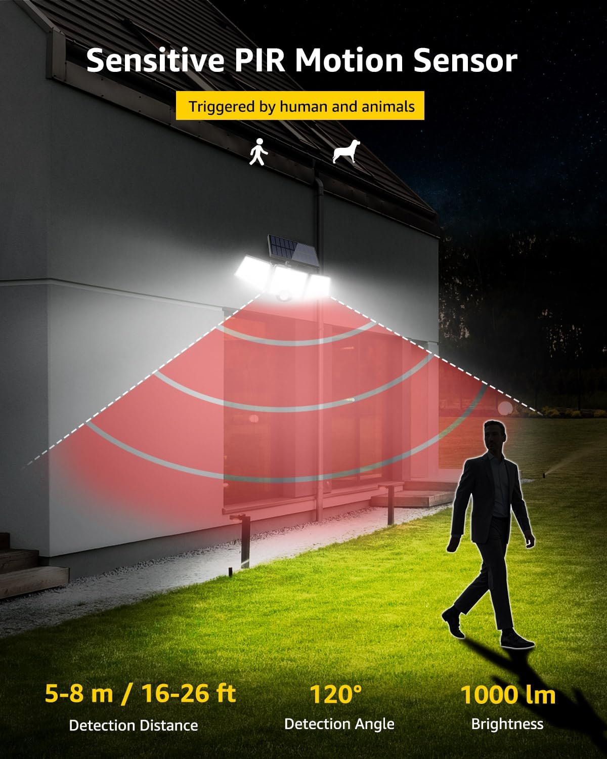 LE Solar Lights Outdoor, Motion Sensor Security Lights, 1000LM 72 LED, 3 Adjustable Head 270 Deg Wide Angle, Waterproof Wireless Wall Lights for Porch Yard Garage Pathway and More
