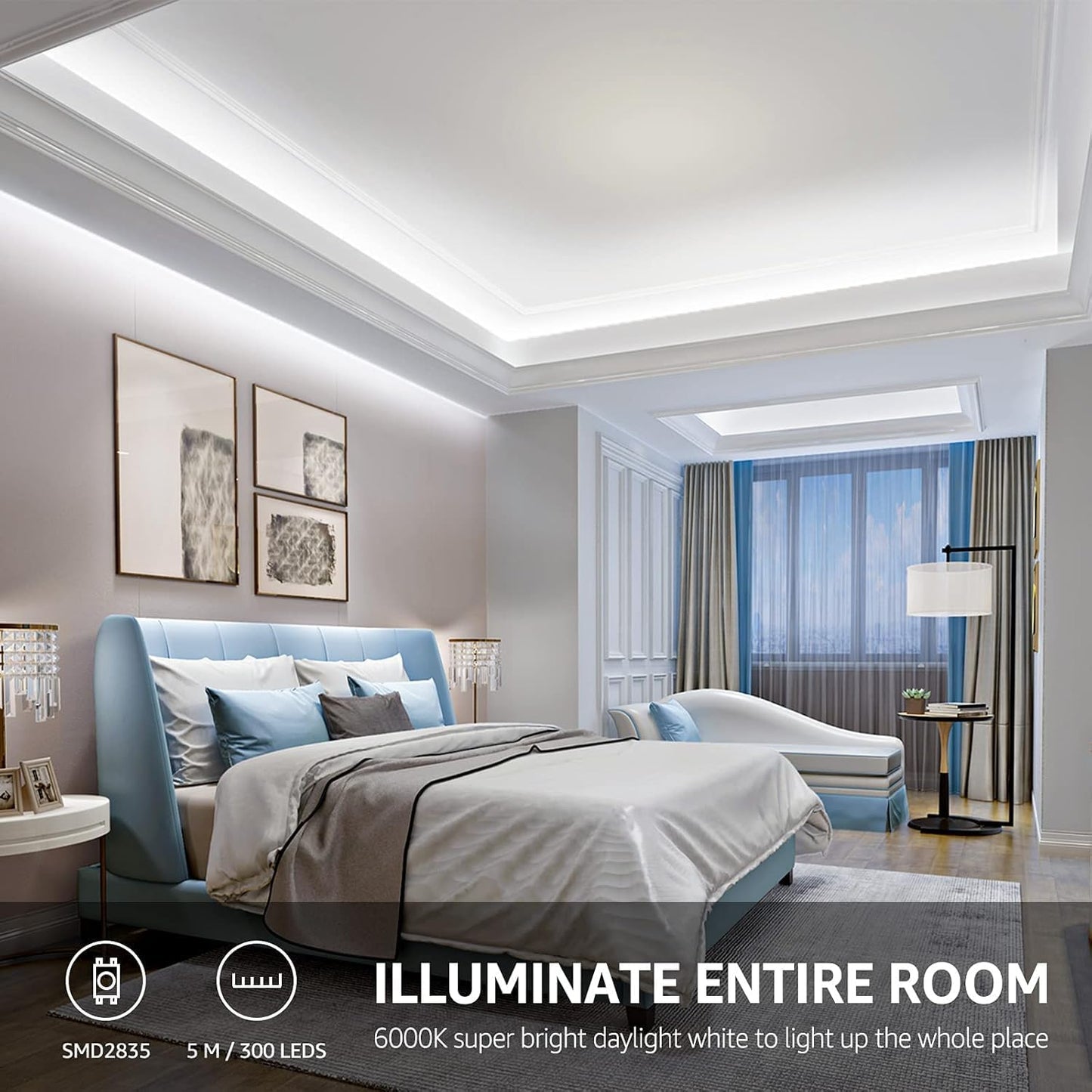 16.4ft 12V Dimmable LED Strip Lights, 6000K Daylight White, 300 Units 2835SMD LEDTape Light for Home, Kitchen, Bedroom, Car and More, Non Waterproof, Power Adapter Included