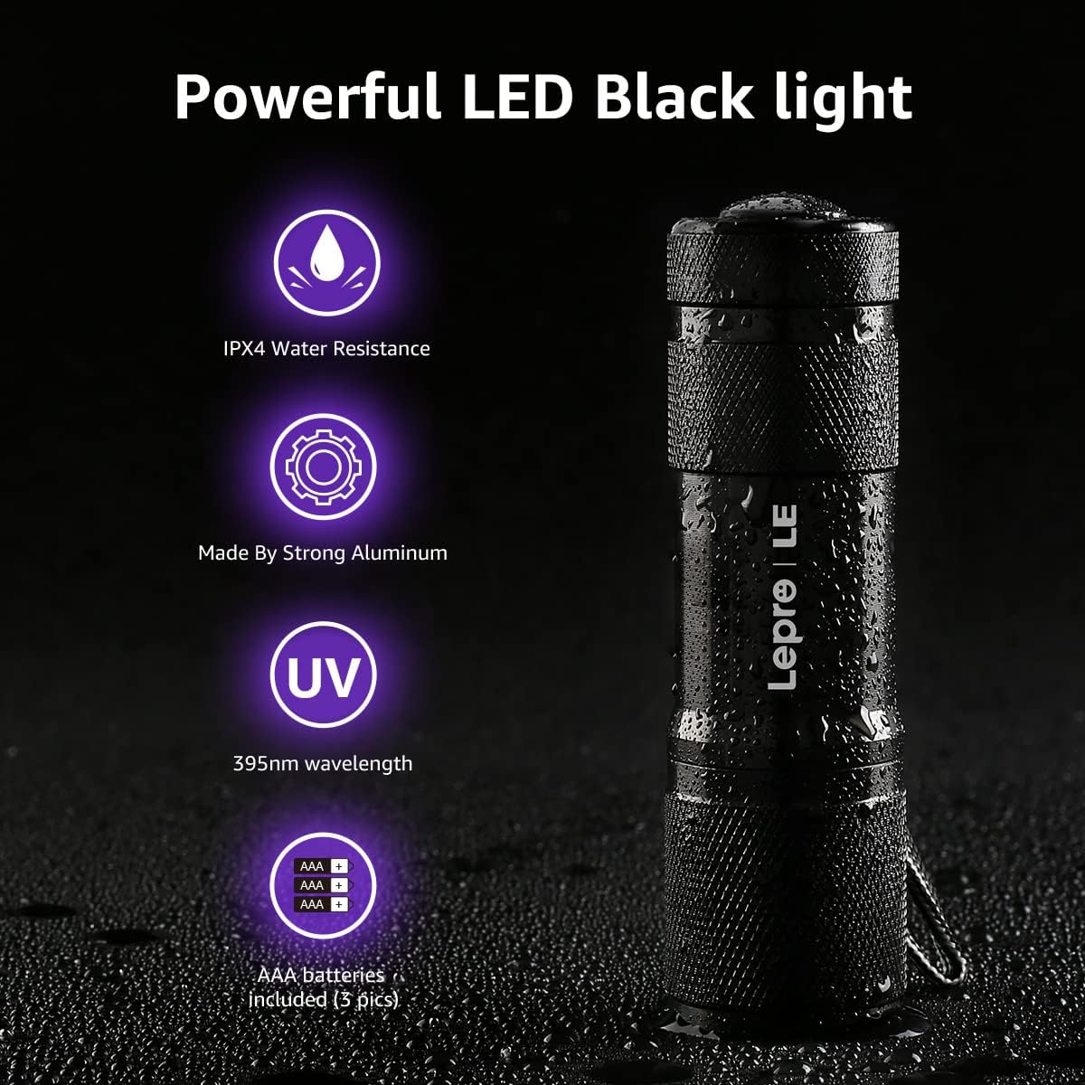 LE Small UV Flashlight, 395nm Portable Black Light, Ultraviolet Light Detector for Invisible Ink Pens, Pet Dog Cat Urine Stain and More, AAA Batteries Included, Pack of 2