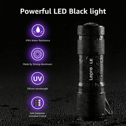 LE Small UV Flashlight, 395nm Portable Black Light, Ultraviolet Light Detector for Invisible Ink Pens, Pet Dog Cat Urine Stain and More, AAA Batteries Included, Pack of 2