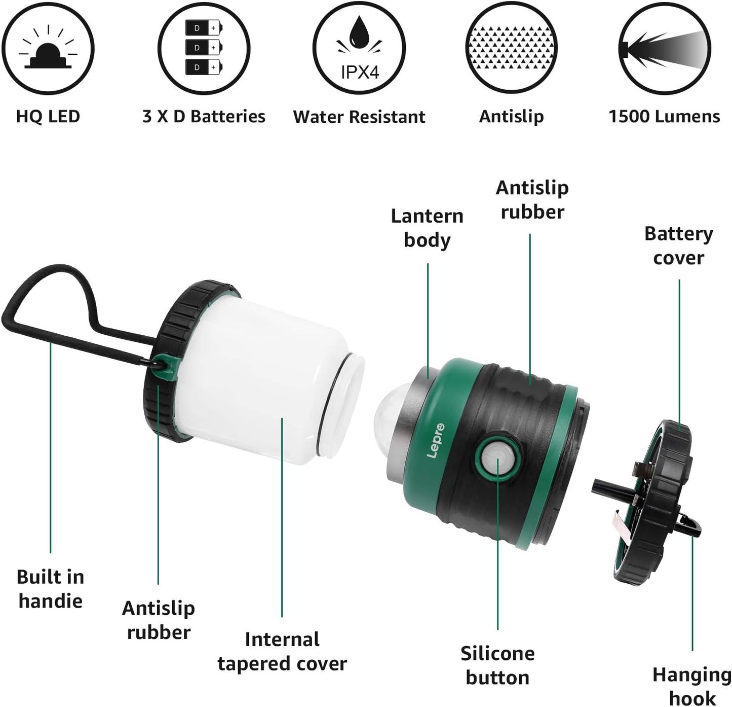 Lepro 1500lm Camping Lantern, Super Bright Camping Light with 4 Light Modes, IPX4 Waterproof, 3 D Battery Powered Lantern Flashlight for Hiking, Camping, Emergencies, Hurricanes, Outages, Battery Not Included