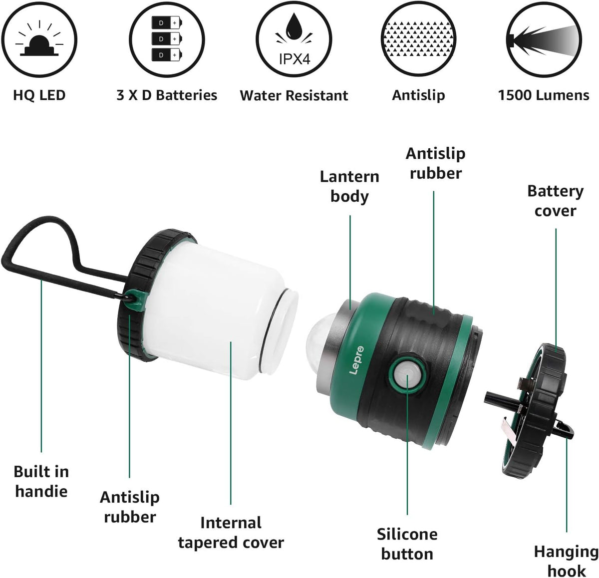 Lepro 1500lm camping lantern with four light modes, waterproof design, powered by 3 D batteries, ideal for outdoor hiking and emergencies.