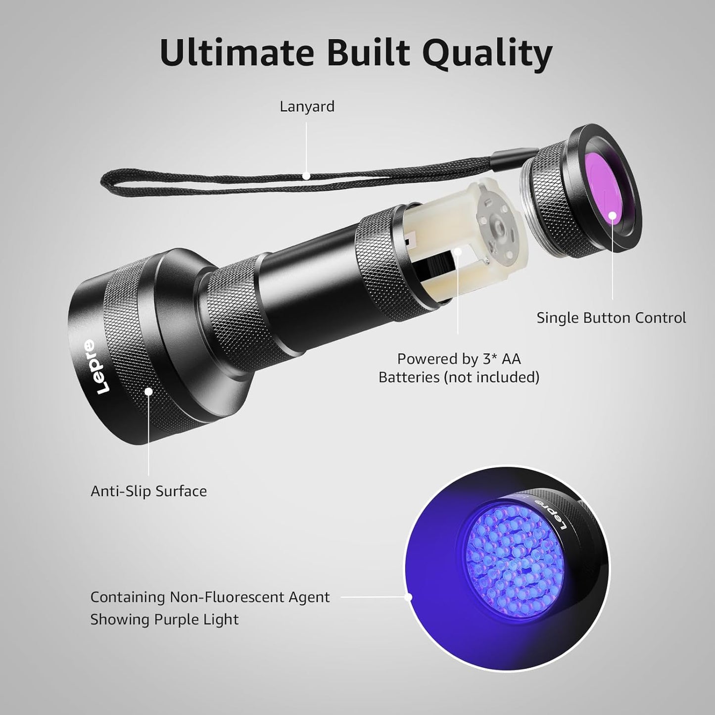 Lepro Black Light Flashlight, 51 LED 395nm wavelength UV Light Portable Ultraviolet Flashlight Dog Urine Detector 3 AA Batteries Needed Find Pet Stains on Clothes Carpet or Rugs