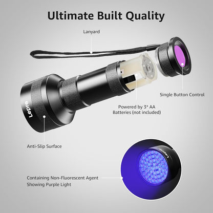 Lepro Black Light Flashlight, 51 LED 395nm wavelength UV Light Portable Ultraviolet Flashlight Dog Urine Detector 3 AA Batteries Needed Find Pet Stains on Clothes Carpet or Rugs