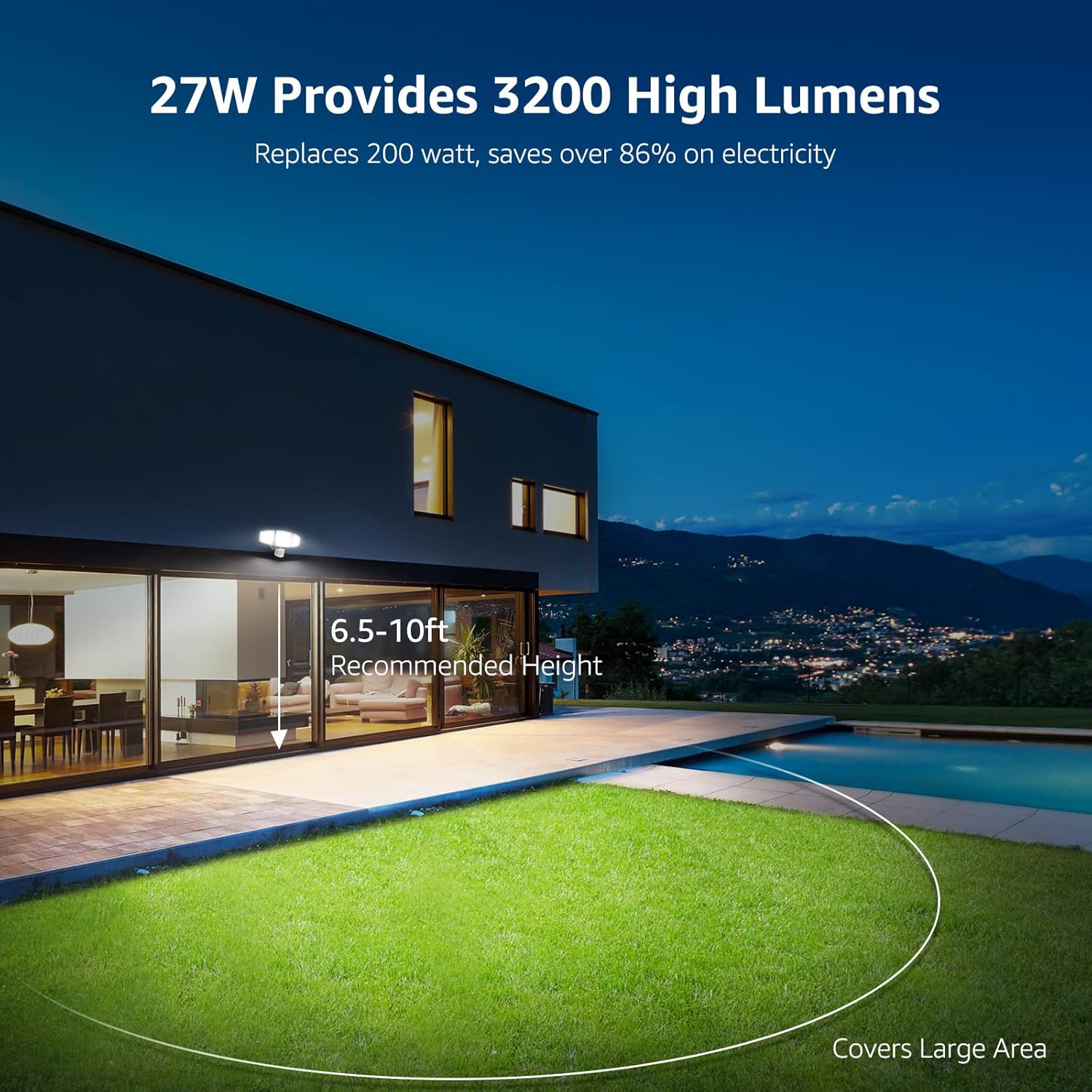 Lepro outdoor LED security flood light with 3 adjustable heads, 270° wide angle, waterproof IP65, 27W, super bright for yard and porch