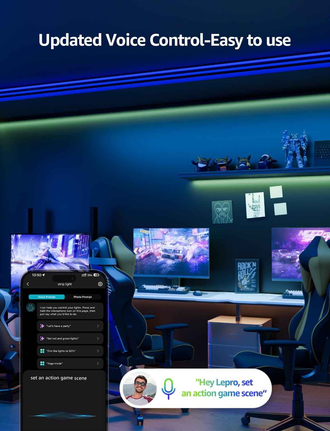 Lepro SE1 AI LED Lights, 65.6ft WiFi RGB Led Strip Lights, Work with Alexa & Google Led Lights Strip for Bedroom, Segmented DIY Led Light Strips, LLM Music Sync Bluetooth LED Lights for Room, Kitchen