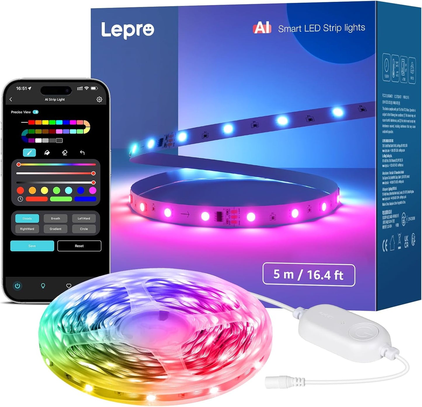 32.8ft(16.4ft*2) RGB LED Light Strips Kit with Remote Control, Color Changing LED Strip Lights for Bedroom, Room, Kitchen and TV Decoration