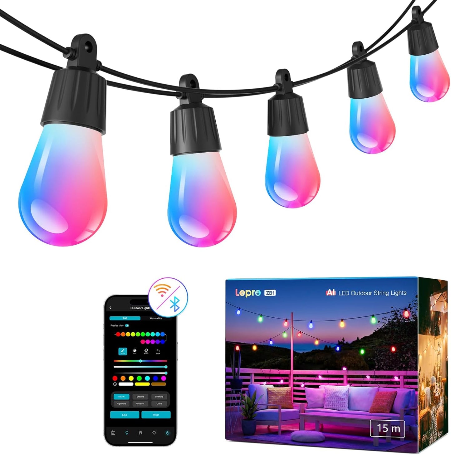 Lepro ZB1 upgraded AI smart outdoor string lights with 15 dimmable S14 LED bulbs, RGB+IC, warm white, app and voice control.